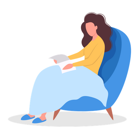 Woman reading book while sitting comfortably  Illustration