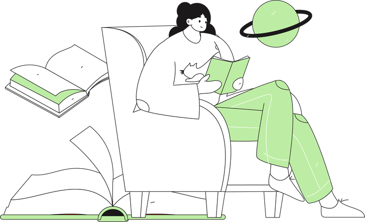 Woman reading book while sitting on couch  Illustration