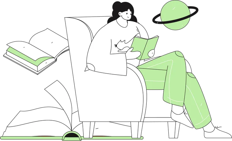 Woman reading book while sitting on couch  Illustration