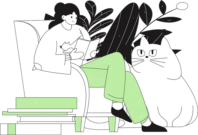 Woman reading book while sitting on couch  Illustration