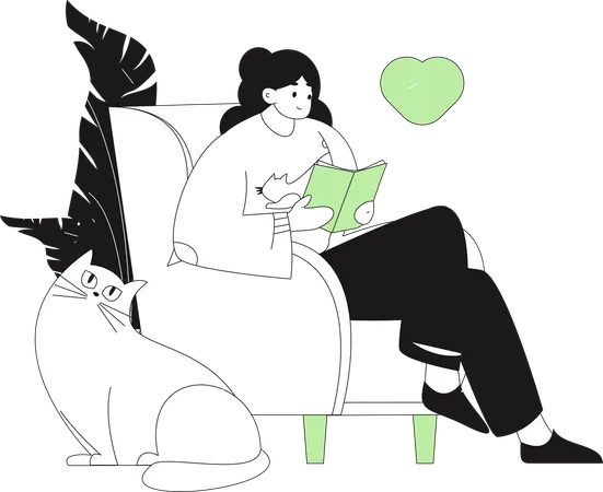 Woman reading book while sitting on couch  Illustration