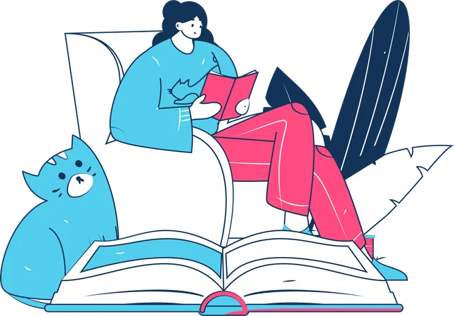 Woman reading book while sitting on couch  Illustration