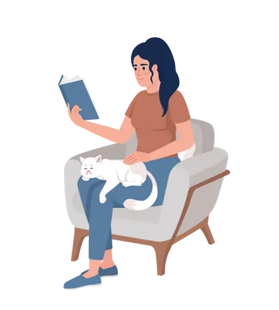 Woman reading book with cat on lap  Illustration