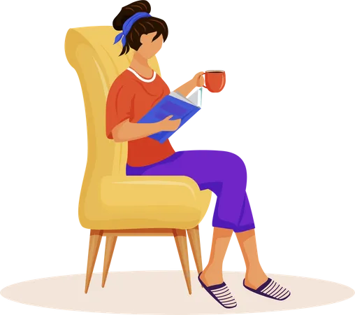 Woman Reading Book Flat Color Vector Faceless Character Lady Relaxing At Home In Chair Girl With Hot Drink On Sofa Female Reading Magazine Recreation Isolated Cartoon Illustration Illustration