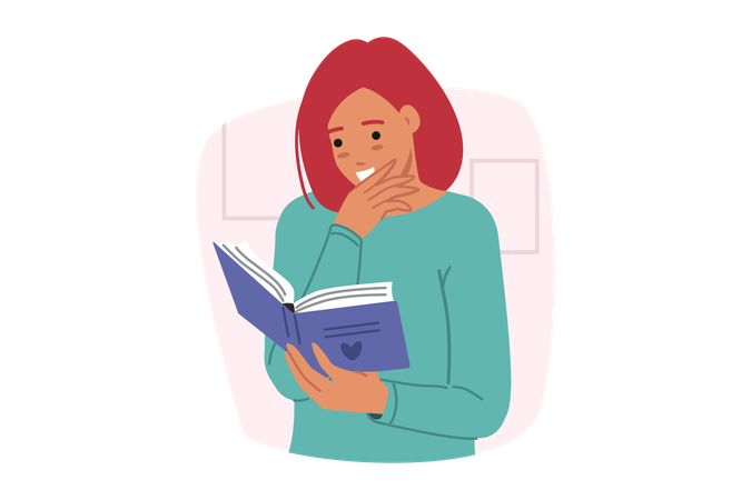 Woman reading book with poetic love story  Illustration