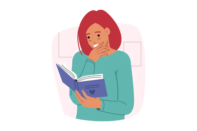 Woman reading book with poetic love story  Illustration