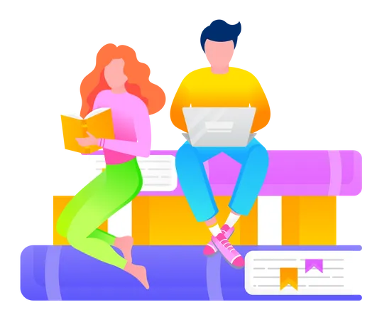 Woman Reading Books and man using Laptop Illustration