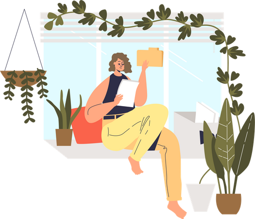Woman reading documents at home Illustration
