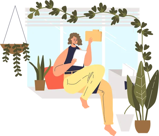Woman Reading Documents At Home Businesswoman Working Remotely Or Freelance Worker Student Preparing For Exams Or Distance Education Concept Flat Vector Illustration Illustration