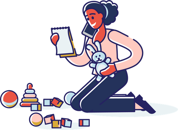 Woman reading documents while cleaning up toys Illustration