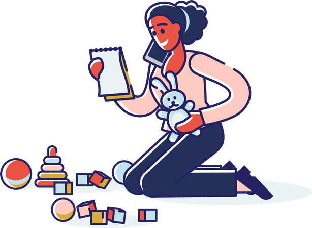 Woman reading documents while cleaning up toys  Illustration