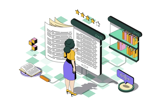 Online Reading Web Concept In 3 D Isometric Design Woman Reading E Book From Mobile App Using Virtual Library And Buying At Internet Bookstore Vector Web Illustration With People Isometry Scene Illustration