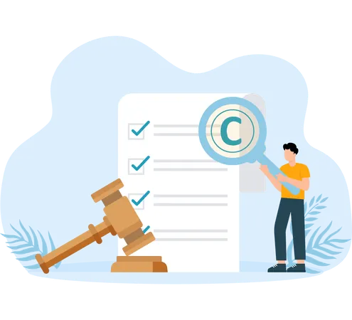 Woman reading legal document and shield with copyright  Illustration