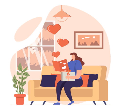 Woman reading love letter received from husband Illustration