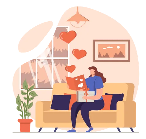 Woman reading love letter received from husband  Illustration