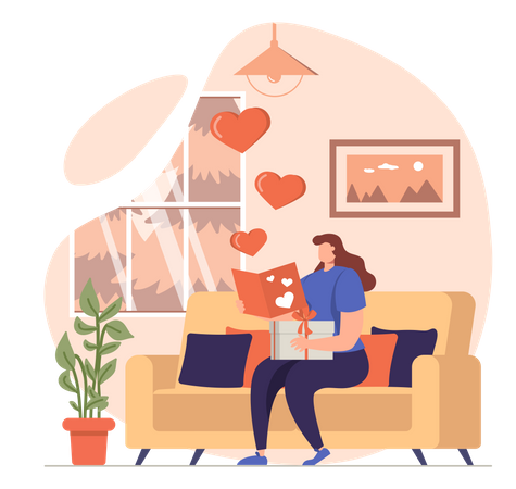 Woman reading love letter received from husband  Illustration