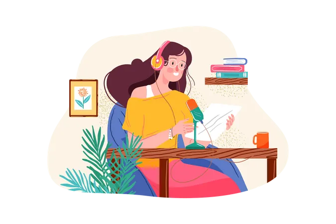 Woman reading podcast script  Illustration