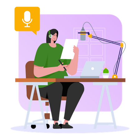 Woman reading podcast script  Illustration