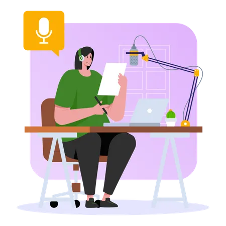 Woman reading podcast script  Illustration