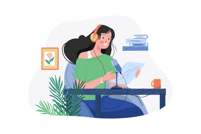 Woman reading podcast script  Illustration