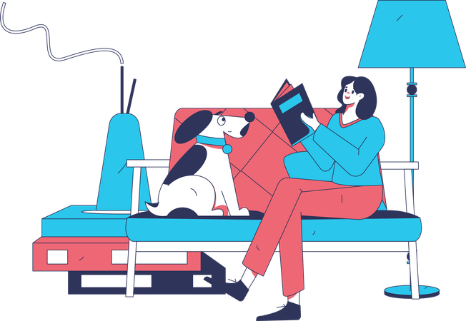 Woman reading report on couch with dog  Illustration