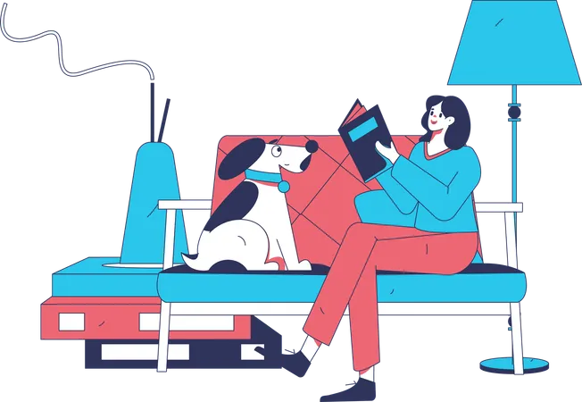 Woman reading report on couch with dog  Illustration
