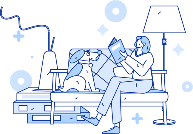 Woman reading report on couch with dog  Illustration