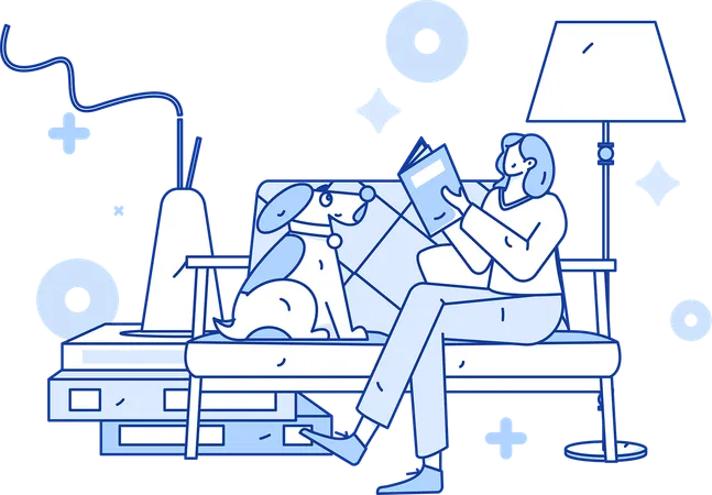 Woman reading report on couch with dog  Illustration