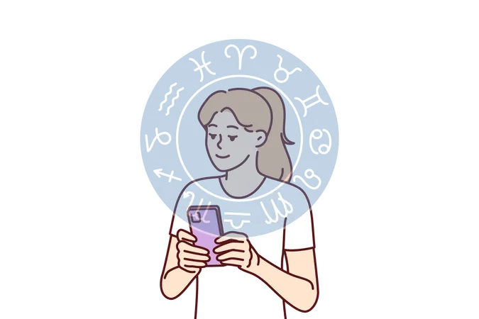 Woman Reads Astrological Horoscope Forecast On Phone Or Finds Out Compatibility With Zodiac Signs Horoscope Wheel Near Girl With Smartphone Using Mobile Application With Aracul Predicting Future イラスト