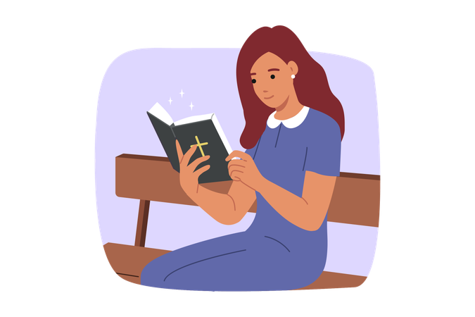 Woman reads bible sitting on park bench  Illustration