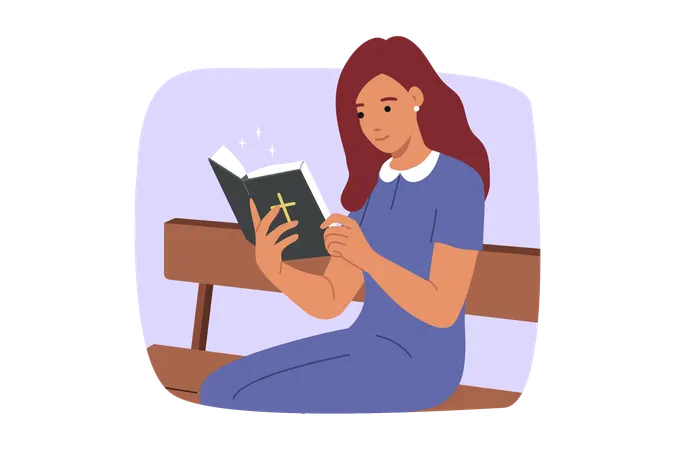 Woman reads bible sitting on park bench  Illustration