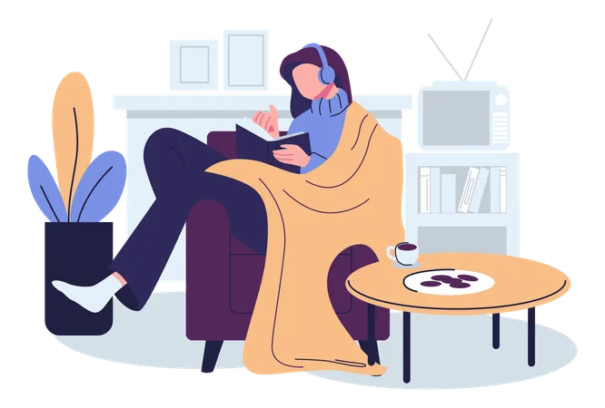 Women Reading Book In Winter At Home Flat Style Illustration Vector Design Illustration