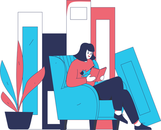 Woman reads book while relaxing on sofa  Illustration