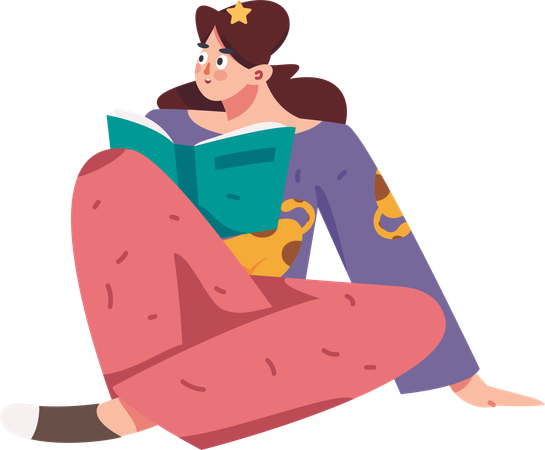 Woman reads fantasy books during night time  Illustration