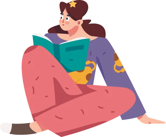 Woman reads fantasy books during night time  Illustration