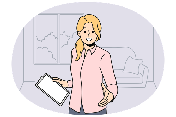 Woman realtor greets you by shaking hands and showing client apartment for mortgage loan  Illustration