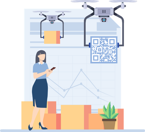 Woman receive drone delivery Illustration