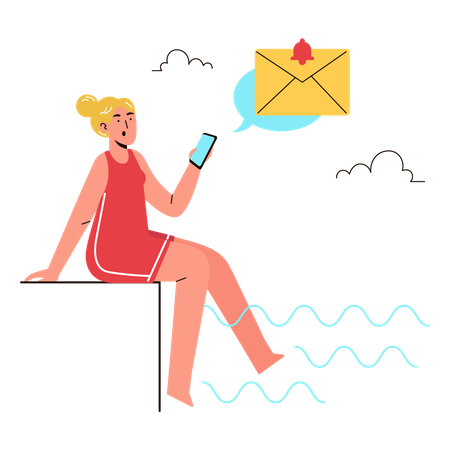Woman receive email while swimming Illustration