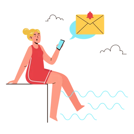 Woman receive email while swimming Illustration