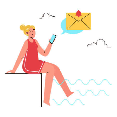 Woman receive email while swimming  Illustration