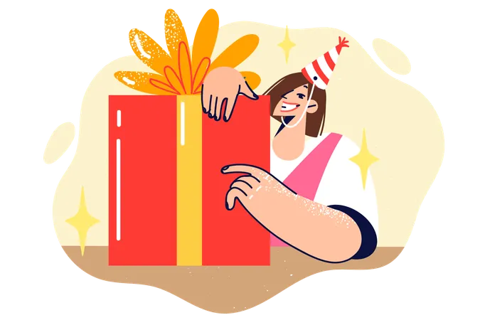 Woman Received Big Birthday Present Smiles And Enjoys Cool Party In Honor Of Angel Day Gift Box With Beautiful Bow On Table Of Girl Celebrating Birthday And Hosting Dinner Party For Friends Illustration