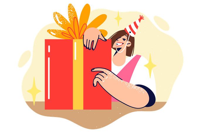 Woman received big birthday present smiles  Illustration