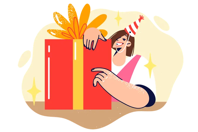 Woman received big birthday present smiles  Illustration