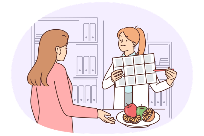 Woman receives advice from nutritionist on nutrition and diet to lose weight  Illustration