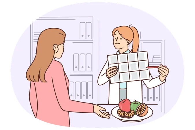 Woman receives advice from nutritionist on nutrition and diet to lose weight  Illustration