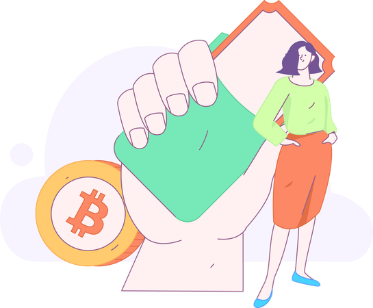 Woman receives bitcoin money in shopping  Illustration