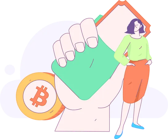 Woman receives bitcoin money in shopping  Illustration