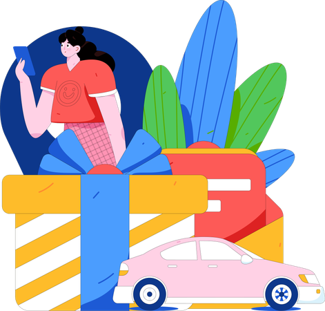 Woman receives coupon code using online taxi booking application  Illustration