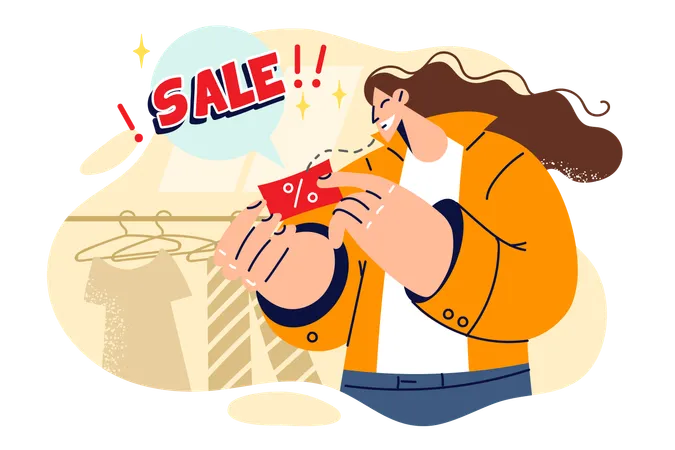 Woman Holds Discount Coupon And Smiles Standing In Clothing Store Near Inscription Sale Girl Received Gift Coupon For Profitable Shopping In Fashion Boutique Or Invitation To Black Friday イラスト