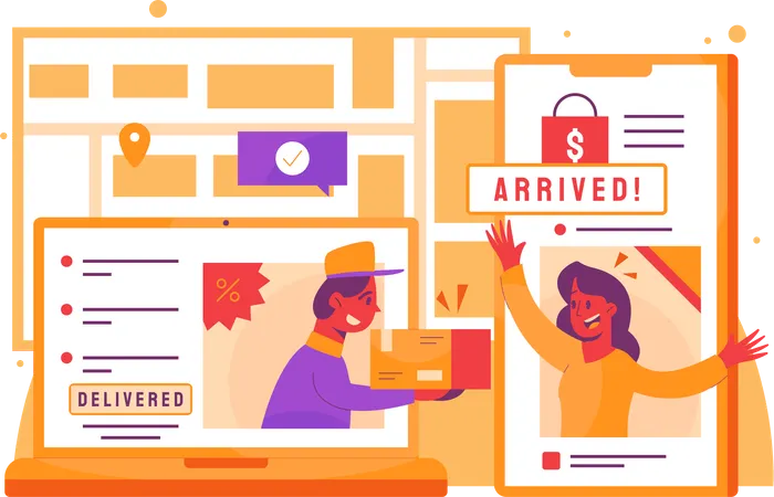 Woman receives online parcel at home  Illustration